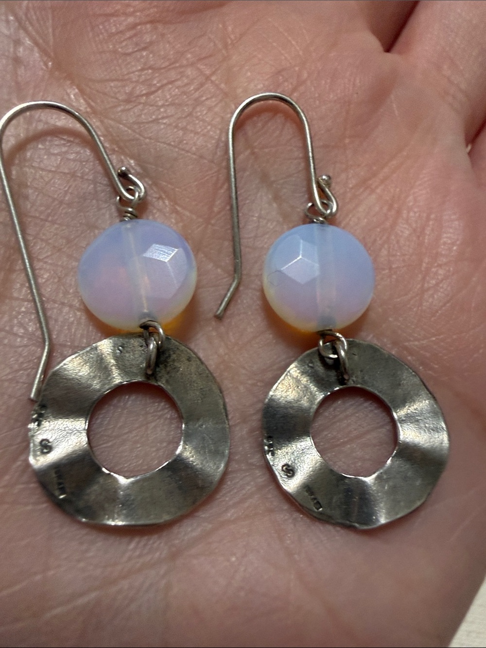 Sterling Silver 925 Opal Bead and Hammered Silver Drop Earrings - Picture 6 of 10